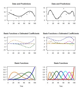 Linear combinations of basis functions (in this case, B-splines) can produce non-linear and complex patterns. You can see that a better approximation is achieved with more basis functions, but some of the finer-scale changes are difficult to recover with sparse data. © Frances E. Buderman