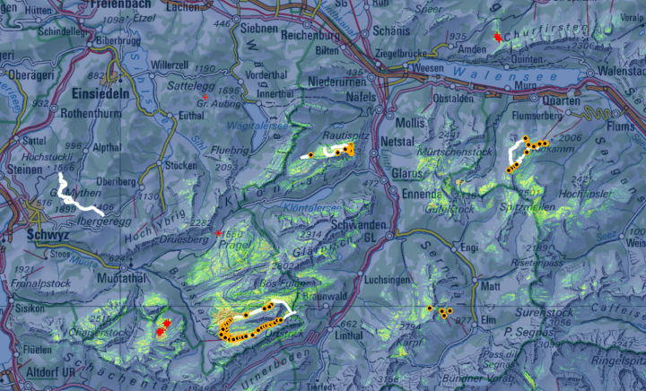 A habitat suitability map used for the prospective sampling approach to predict the potential distribution of Leucanthemum halleri (Vitman) Ducommun in the Swiss Alps (orange-black dots show new-found occurrences which were unknown in the database before)