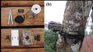 (a) The supplies used to mount the camera and (b) a camera installed (with the pipeline in the background).