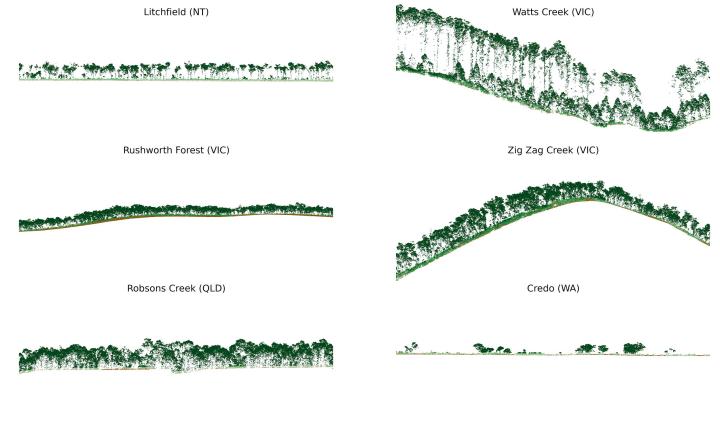 Examples of the forest structure and topography derived from ALS point clouds. These examples are taken from TERN data captured at 6 sites across Australia.