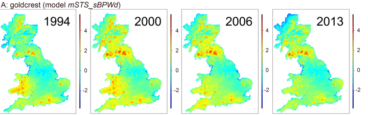Relative abundance predictions for goldcrest for selected years built from the relationships we discovered with our new methods. (Predictions were made for 1-km squares on the log scale. Hence, a log-abundance of, e.g., -2 refers to exp(-2) = 0.135 goldcrests per 1-km square.) 
