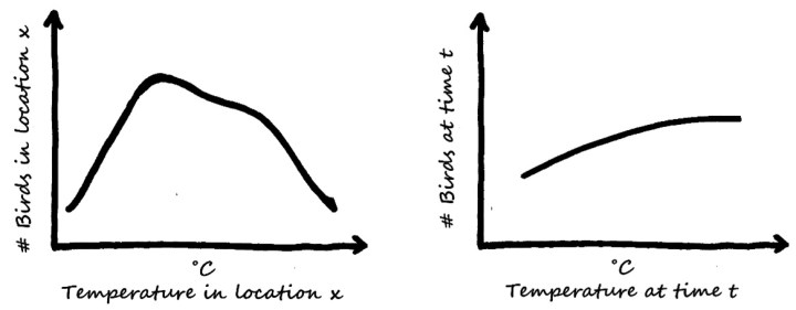 Example of different relationships between bird numbers and temperature on a spatial and temporal scale. 