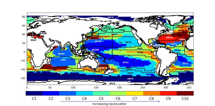10 mesopelagic classes are shown for the open-ocean, echo intensity (a proxy for biomass) increases from blue to red. Coastal zones excluded. Longhurst provinces overlaid. Shapefile here. Proud et al. (2017)