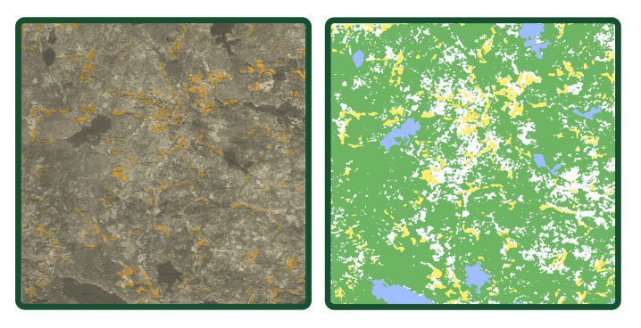 The Swedish Economic map was created over the whole of Sweden during the mid-20th century. Each map is 5 × 5 km in size, based on an aerial photograph with arable land coloured in yellow. On the left is an original map, with the digitized version on the right.