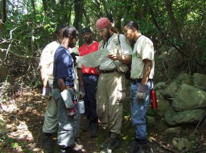 Selecting ant-sampling sites on Block Island, Rhode Island with Michael Bowie, Charles Akin, Quintavious Lowe, and Derrick Evans (participants in The Nature Conservancy’s “Leaders in Environmental Action for the Future” program). ©Aaron M. Ellison (CC-BY-NC)