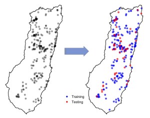 تقسیم تصادفی داده‌های حضور گونه به نقاط آزمایشی و آموزشی
