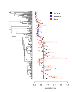 A simulated tree where the speciation rate varies continuously. BAMM’s conservative rate shifts exhibit less error than DR’s high tip rate variance.