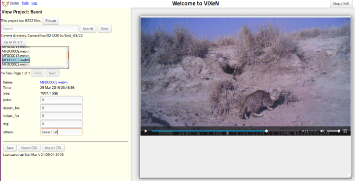 ViXeN used for a project involving a camera trap video