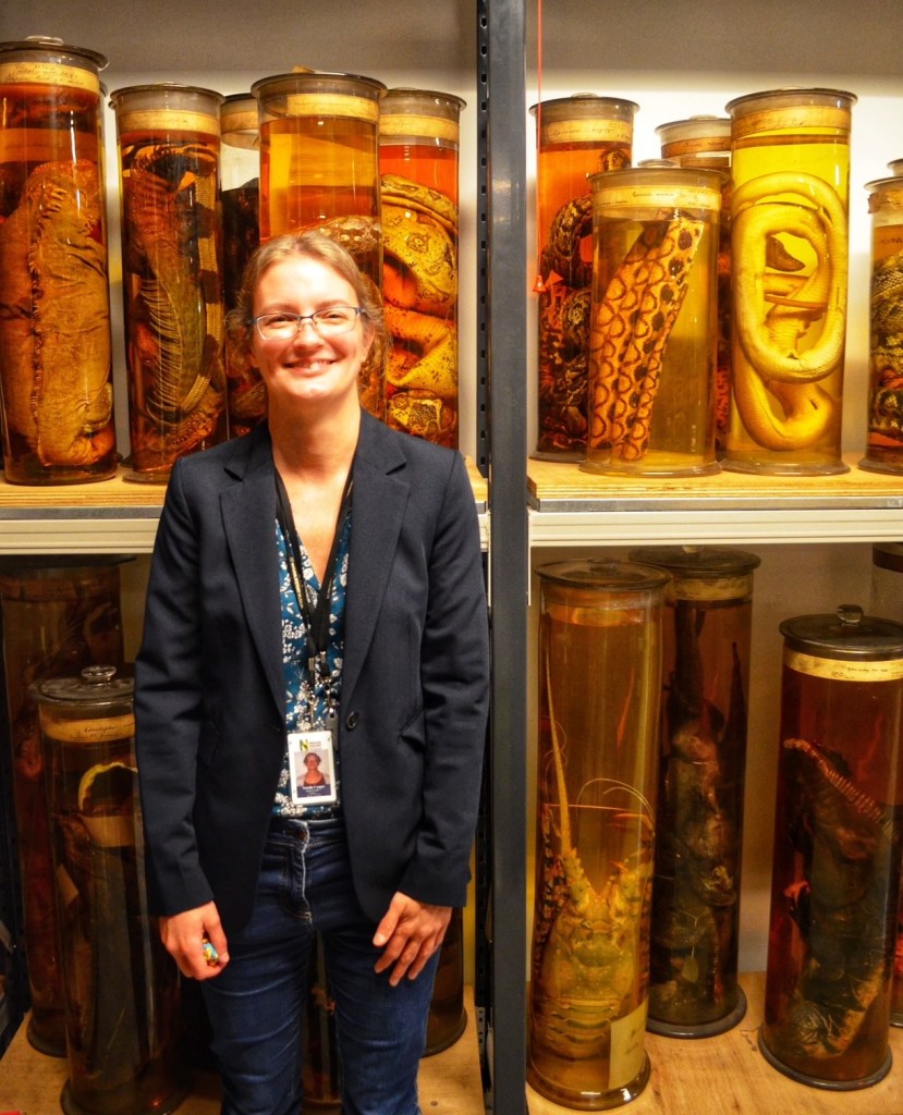 A photo of Natalie with a collection of preserved snakes.